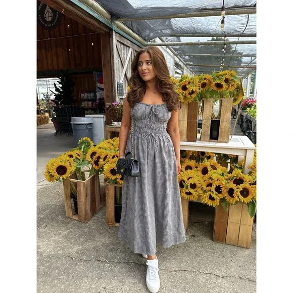 Storia Gingham Midi Dress Size Medium Black White Elastic Tie Waist - Picture 2 of 9